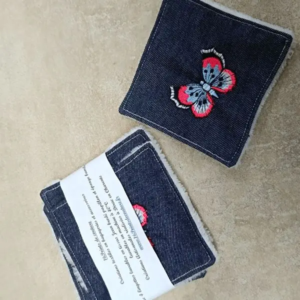Lingettes démaquillantes recyclage jean brodé papillon éponge bambou 