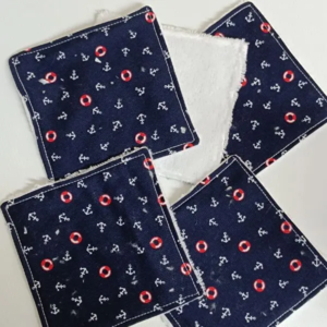 Lingettes démaquillantes en coton motif ancre marine et éponge bambou éco-responsable et réutilisable 
