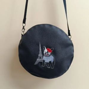 Sac Rond Brodé Chien & Tour Eiffel – Simili Cuir – Modèle Unique Fait Main