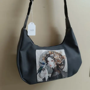 Sac Demi-Lune Luna – Simili cuir & tissu japonais – Bandoulière réglable
