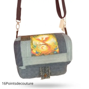 🔥 Sac Besace Alban – Motif Phénix en Patchwork de Jean Recyclé