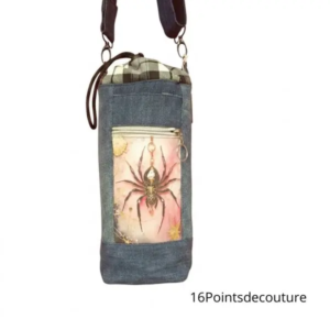 Sac Adèle – Porte-bouteille en jean recyclé – Motif Araignée rose