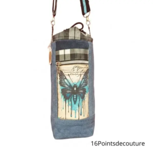 Sac Adèle – Porte-bouteille en jean recyclé – Motif papillon gothique noir et bleu