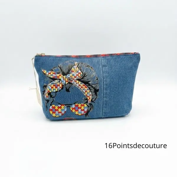 Trousse Julie XL Tête à lunettes puzzle en jean recyclé
