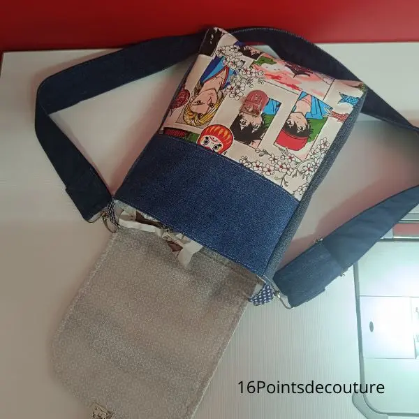 sacoche jean recyclé, sacoche manga, sacoche japonaise, sacoche artisanale, sacoche femme, sacoche homme, jean seconde main, sacoche upcycling, accessoire éco-responsable, tissu manga, sacoche Tok